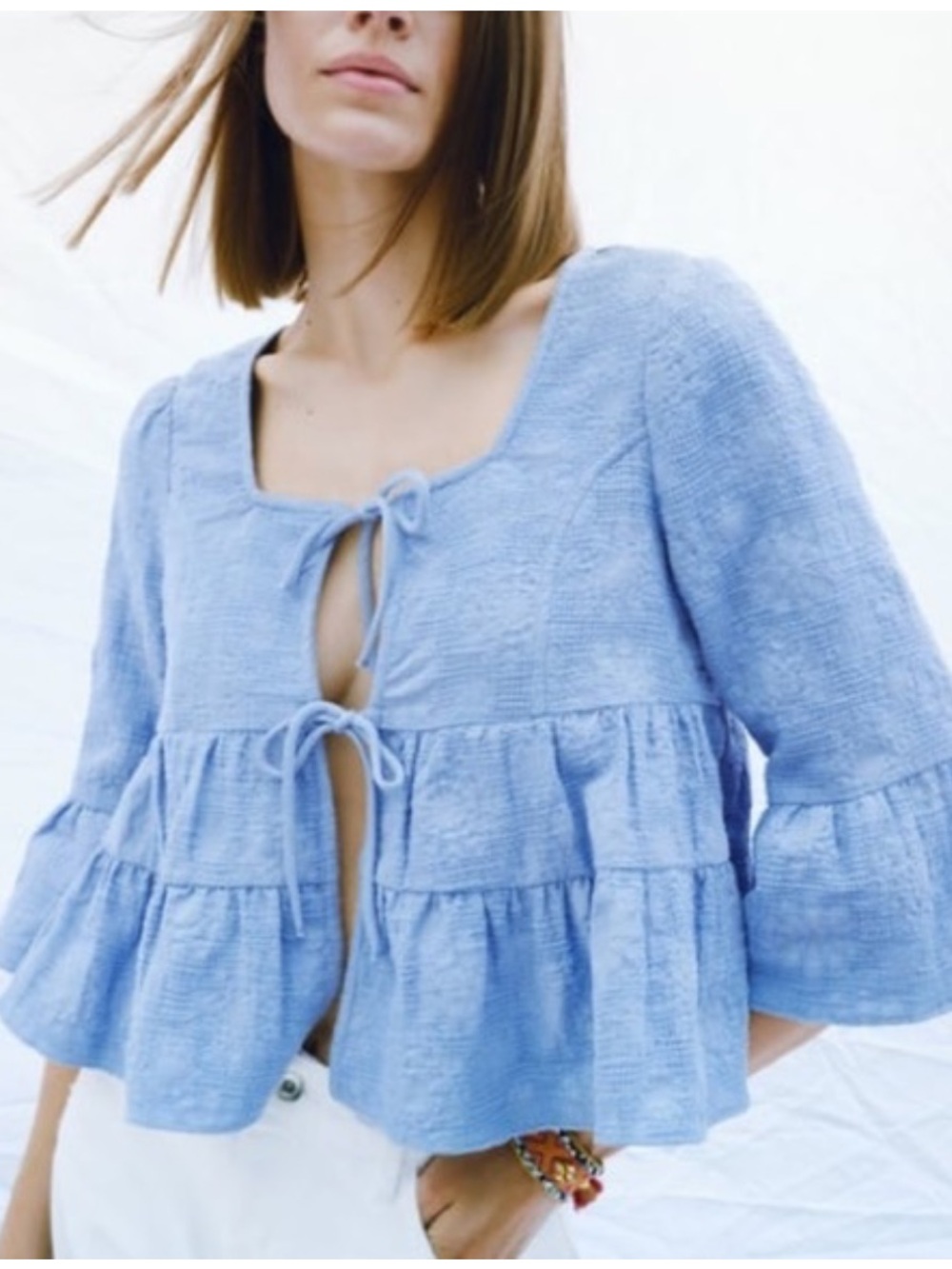 Zara Sky Blue Textured Tie-Front Peplum Blouse